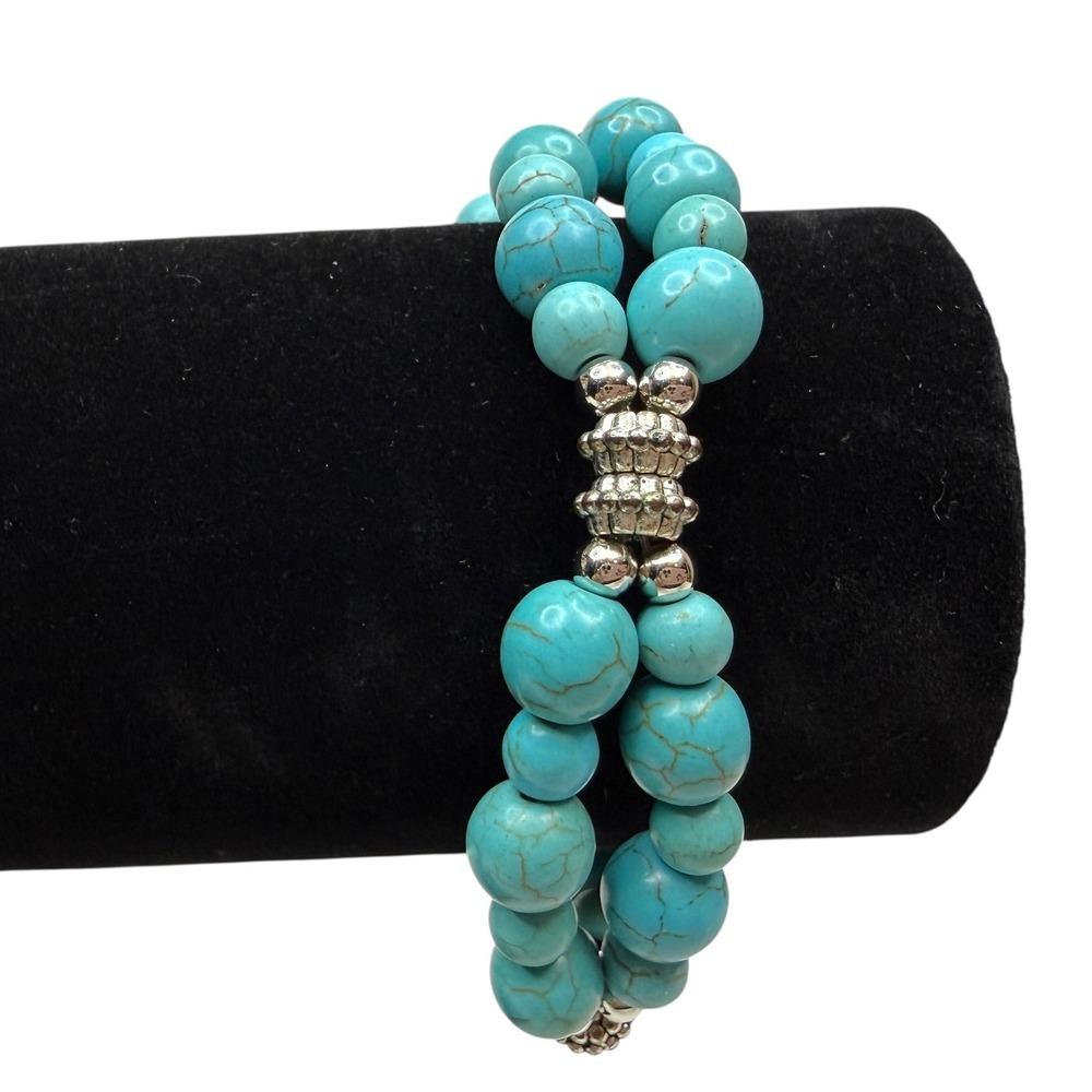 Turquoise Cold Stone Bead Double Strand Bracelet Silver Accent Jewelry Wrist 7.5